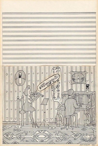 Сол Стейнберг (Saul Steinberg, США 15 июня 1914 - 1999) Художник и нотная бумага:Примерно в 1950 году Штейнберг представил графические листы выполненные на нотной бумаге. Знакомые нотные линии