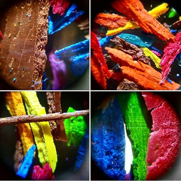 Грифели цветных карандашей под микроскопом